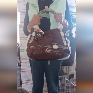 Elegant Brown LEATHER Satchel/ Shoulder strap with Snake Print Accents Bag